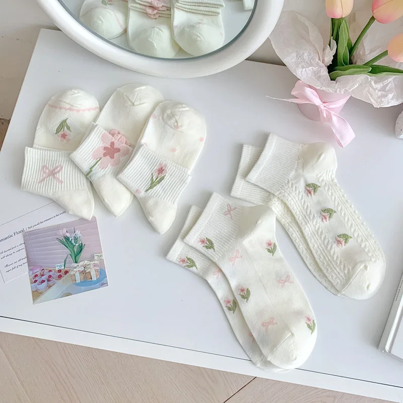 Women's Socks Spring Summer New Low Tube Women's Socks Thin Sweet Tulip Bow Cute Cotton Socks