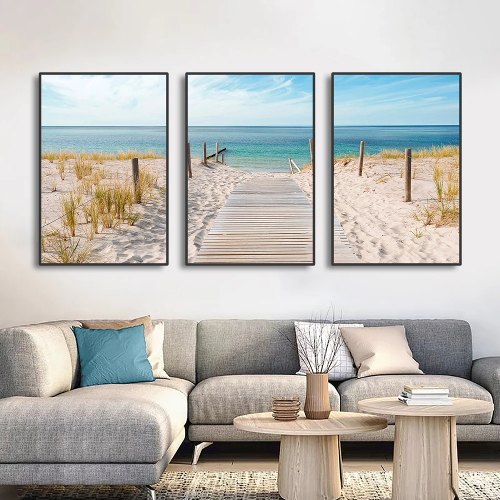 3PCS Moden Seascape Canvas Painting Towards The Sea Posters and Prints Wall Art Decorative Beach Pictures for Living Room Home