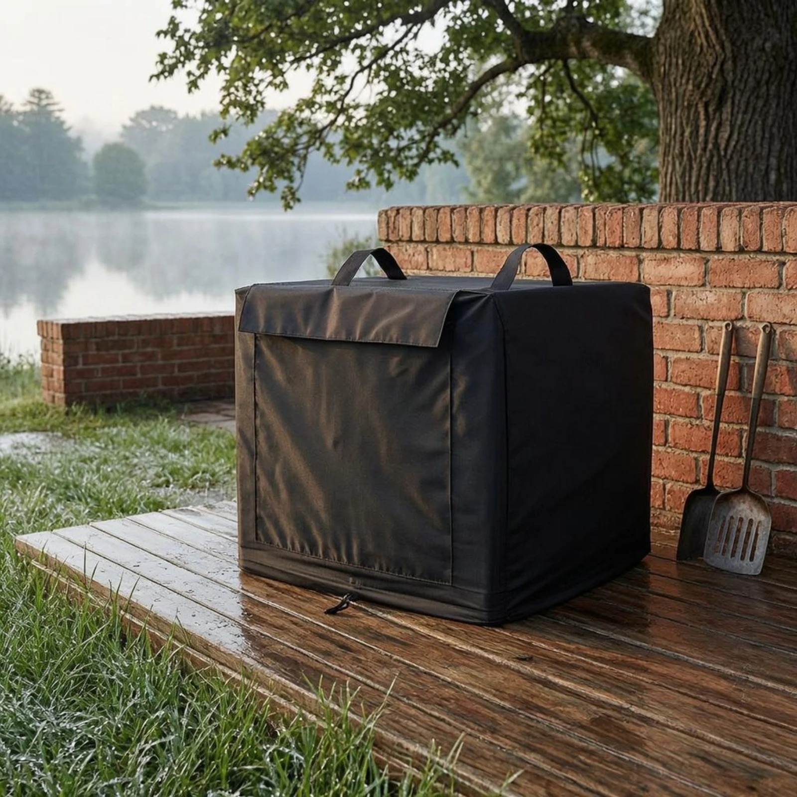 Square Pizza Oven Cover Drawstring Closure Oxford Cloth Pizza Oven Cover Patio Equipment Protector Black Smooth Finish