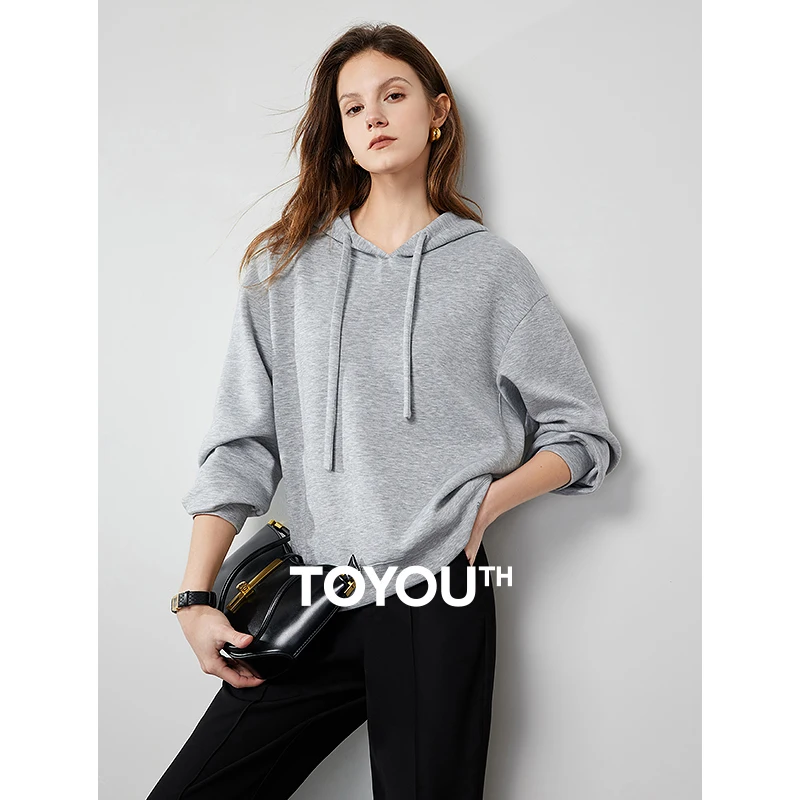 TOYOUTH Women Sweatshirt 2024 Spring New Athflow Style Drawstring Hooded Long Sleeve Solid Color Casual Pullover Tops