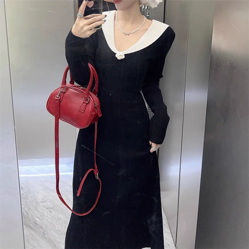 خريف جديد خمر أزياء الخصر النحيف الأسود محبوك فستان طويل الأكمام 3D زهرة الخامس الرقبة ألف خط شيك ميدي سترة قاع اللباس