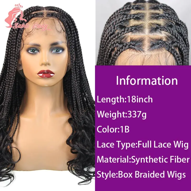 18 Inch Synthetic Boho Braided Wigs Knotless Braided Lace Wigs with Curly Ends Lace Front Braiding Hair Wig for Black Women