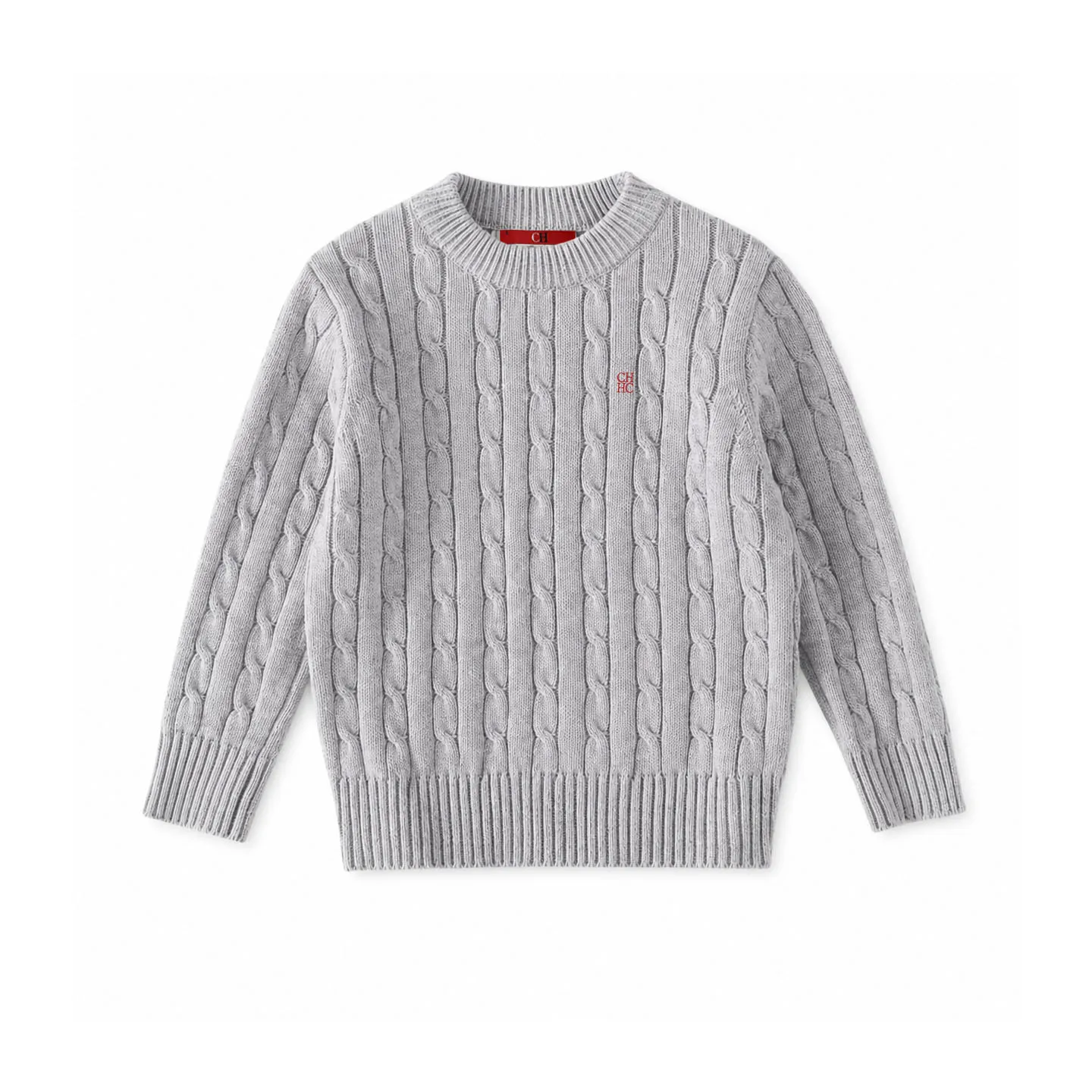 CH Jungen Pullover mit Rundhalsausschnitt, Zopfmuster, gerippten Bündchen und Saum, Bruststickerei, lässige Kinder-Strickoberteile – Detail 6