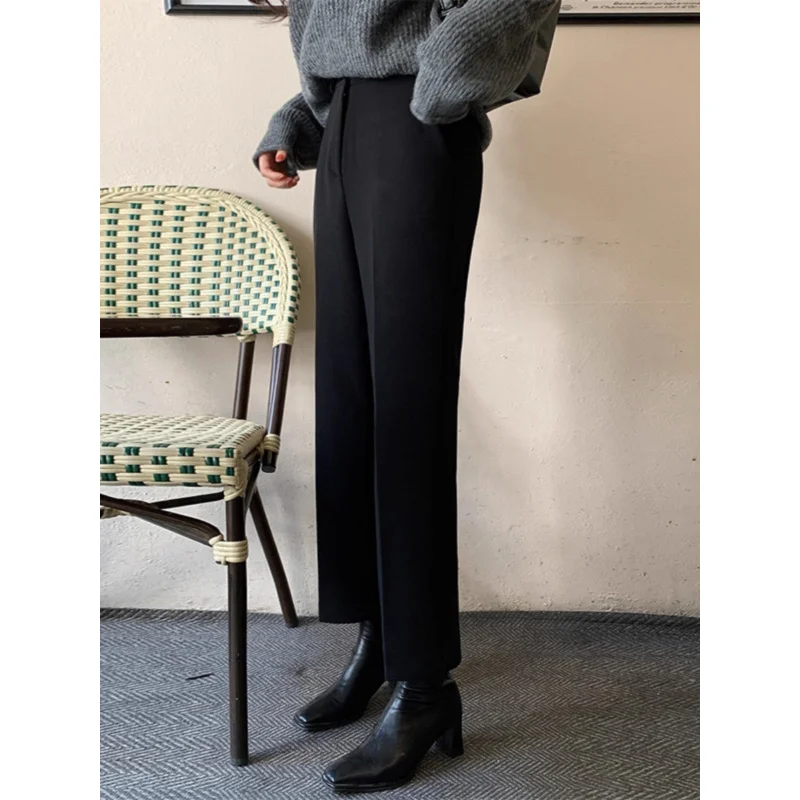 Fleece-lined Draping Effect Suit Pants Women's Autumn and Winter New High Waist Thickened Cropped Pants Small Commuter Loose Cig