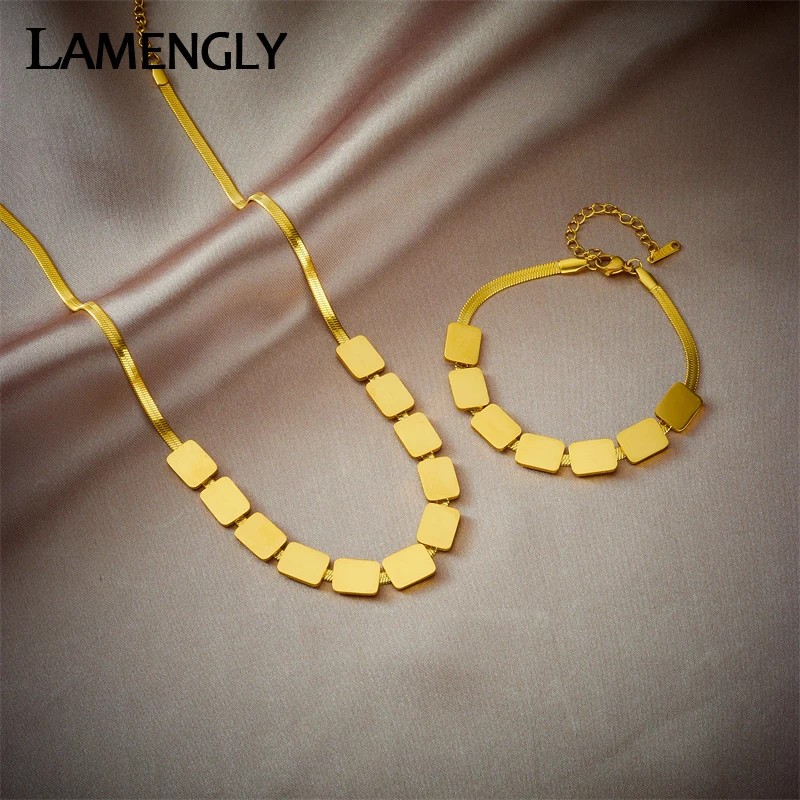 LAMENGLY 316L Stainless Steel Gold Color Square Geometric Pendant Necklace Bracelet Jewelry Set For Women Girls Charm Chain Gift