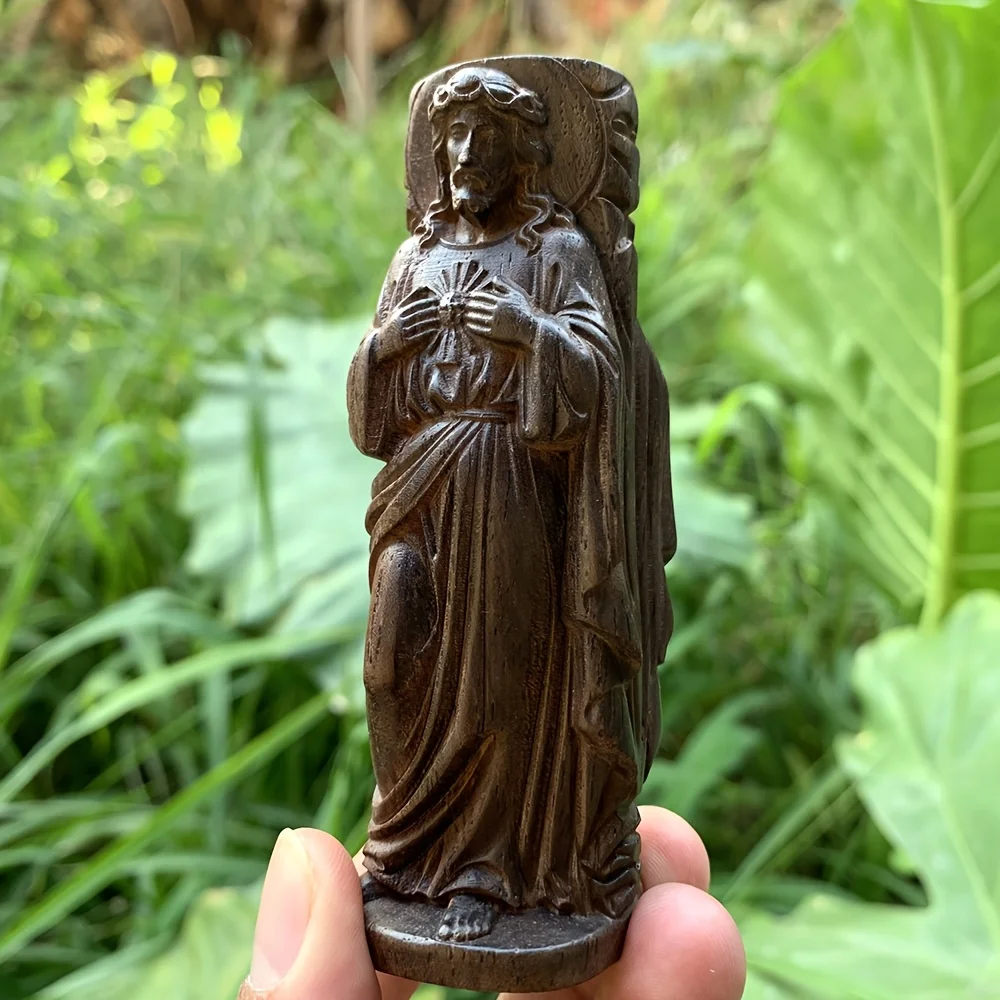 3.9 Inch Hand-Carved Wooden Creative Jesus Figurine Suitable for Home Living Room Decoration, Study Room Decoration, Craft Creative Gift, Desktop Decoration, Holiday Gift