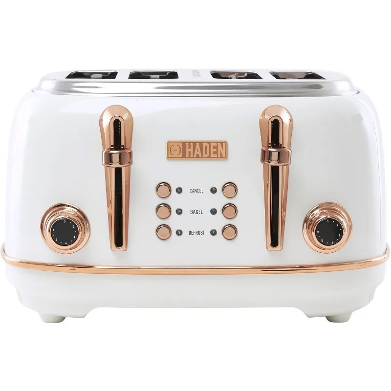 

4 Slice Wide Slot Stainless Steel Toaster with Adjustable Browning Control & Non-Slip Feet, Ivory & Copper