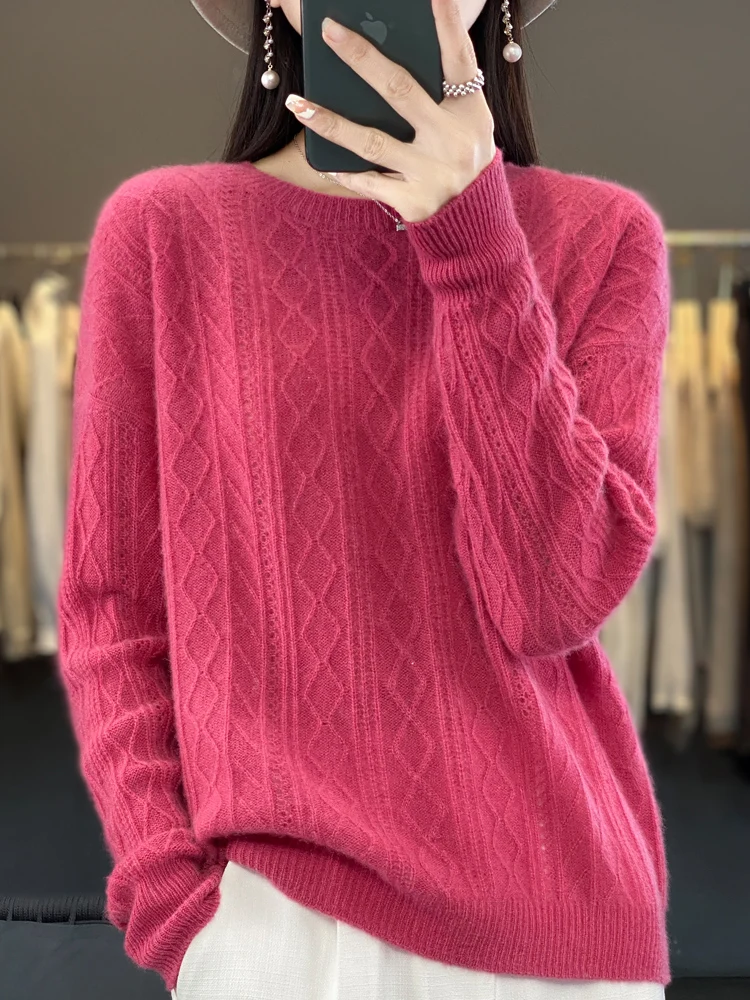 

Womens O-neck Hollow Pullover Sweater Autumn Winter New Chic 100% Merino Wool Casual Twist Cashmere Knitwear Korean Fashion 2023