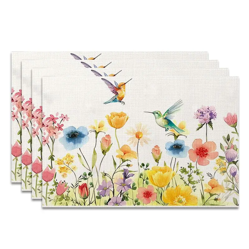 4Pcs, French-Style Watercolor Hummingbird Floral Placemats, the Best Placemats, Washable, Suitable for Holiday Parties, Home Decor, Kitchen Countertops, Rectangular Dining Rooms, Make Your Dining Room and Kitchen More Beautiful, a Birthday Gift and Housewarming Party Gift for Family and Friends