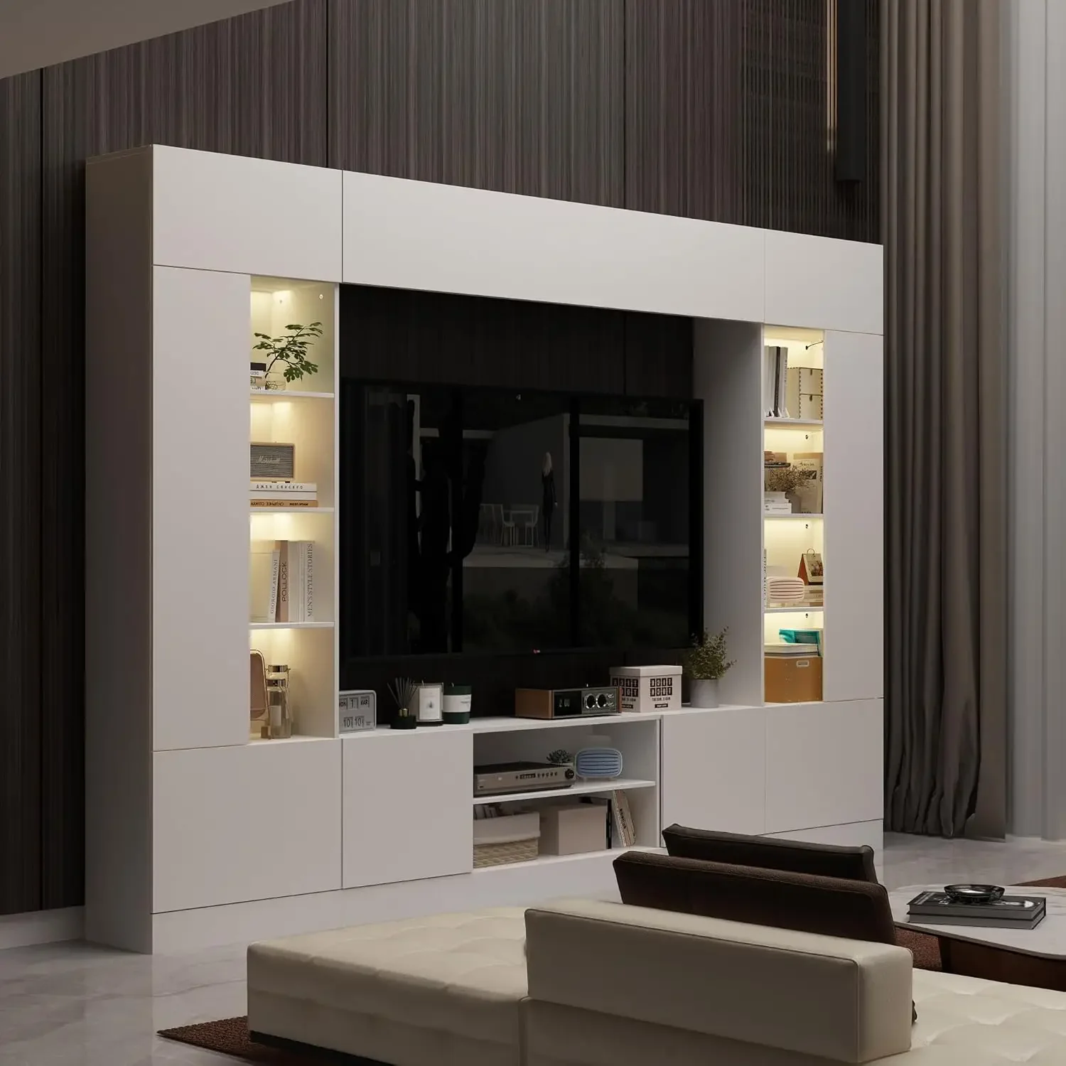 

114.2" L Minimalism Wall Unit TV Stand with Bookshelves, Entertainment Center Media Console Table with LED Lights, White