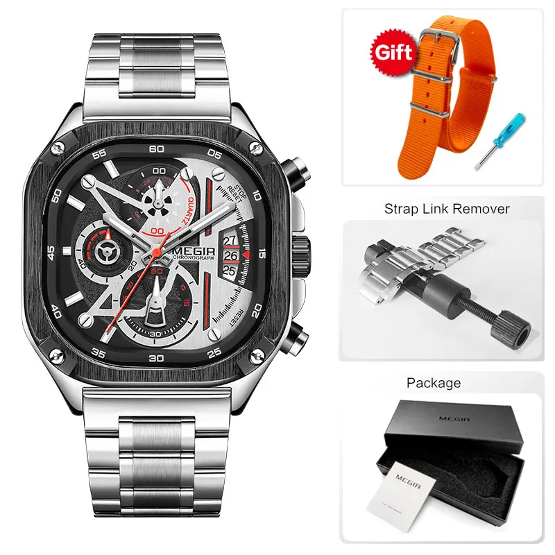 MEGIR Black Quartz Watch Men Waterproof Square Dial Wristwatch with Chronograph Stainless Steel Strap Luminous Hands Auto Date