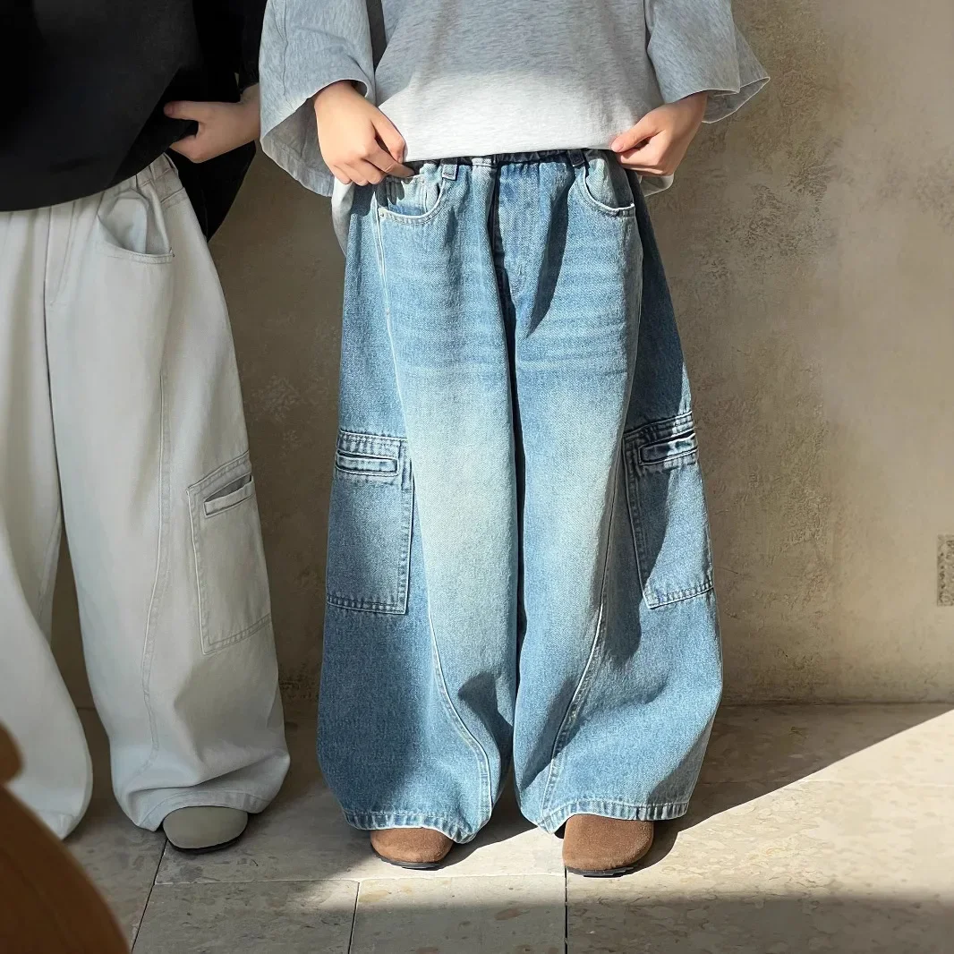 2026 Spring New Korean Edition Children's Loose Design Straight Leg Jeans Versatile Wide Leg Casual Pants For Boys And Girls