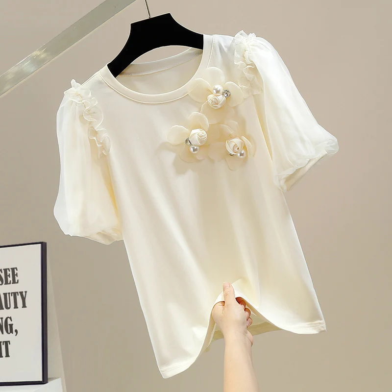 Chic Diamond Lace Three-dimensional Flower Decoration Tops Women 2022 Short Puff Sleeve T-shirt Woman Solid Color Tee