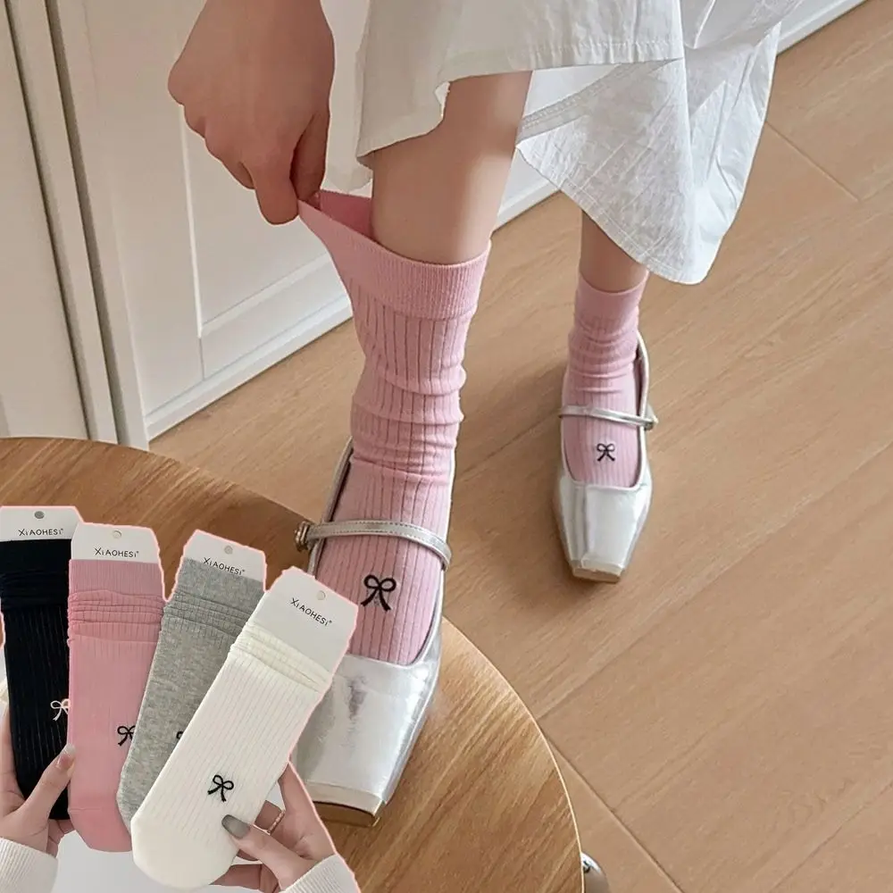 New Breathable Bowknot Socks Solid Color Spring Summer Cotton Socks Thin Y2K Sweet Stockings