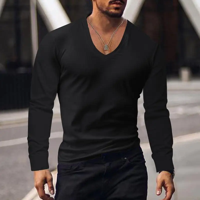 

Fashionable And Versatile Men's Basic T-Shirt Spring And Autumn Long Sleeved V-Neck Men's Thin Bottom Solid Color Casual TopWB21