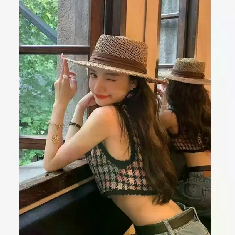 Handwoven Breathable Straw Boater Hat Natural Black Ribbon Hollow Weave for Family Vacation Beach Days