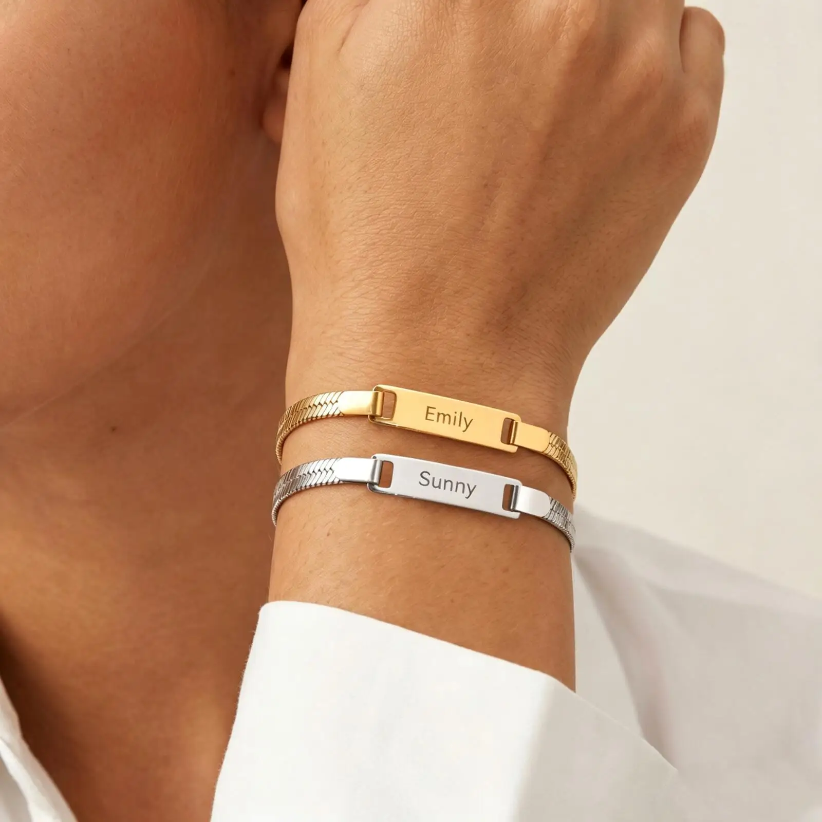 Herringbone ID Bracelet, Stainless Steel Blade Chain Adjustable, Kids Women Baby Gift Waterproof Wristband for Mom Daughter Son