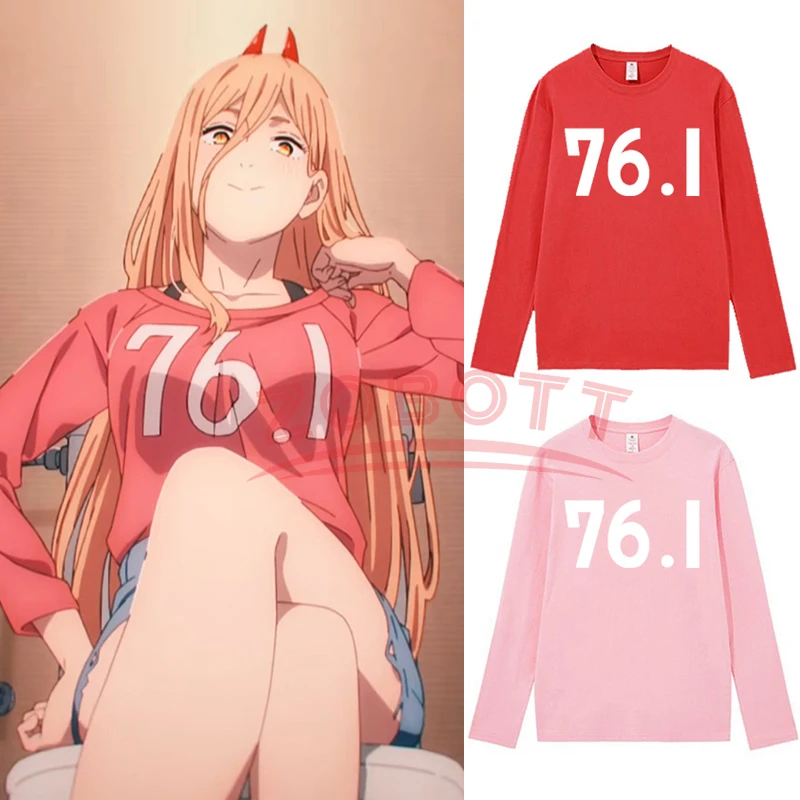 

XXS-5XL Power 76.1 Words Printing Cosplay Long Sleeve T Shirts Chainsaw Man Cosplay Anime T Shirt