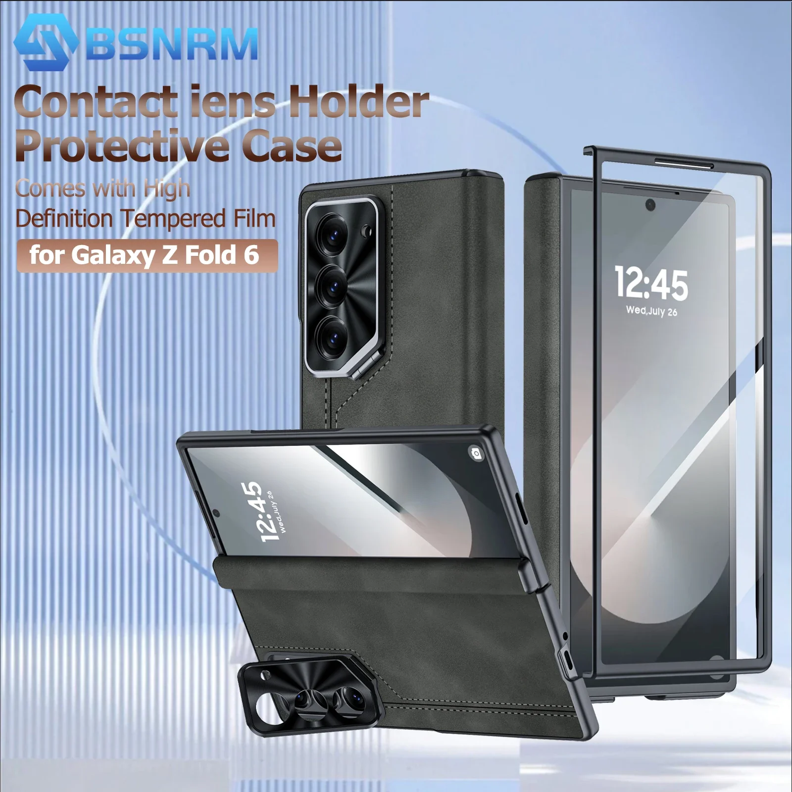 

For Samsung Galaxy Z Fold 6,PU Leather Matte&Hinge Protection&Camera Holder&Screen Protection,PC Shockproof Case-Black