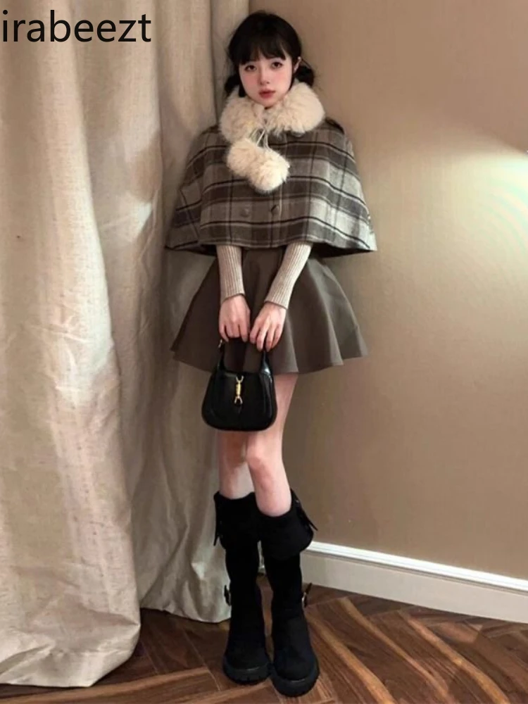 Ensembles De Jupes 2024 Early Spring New Fur Collar Cloak Coat Slim-fit Long Sleeve Sweater Strap Dress Three Pieces Set