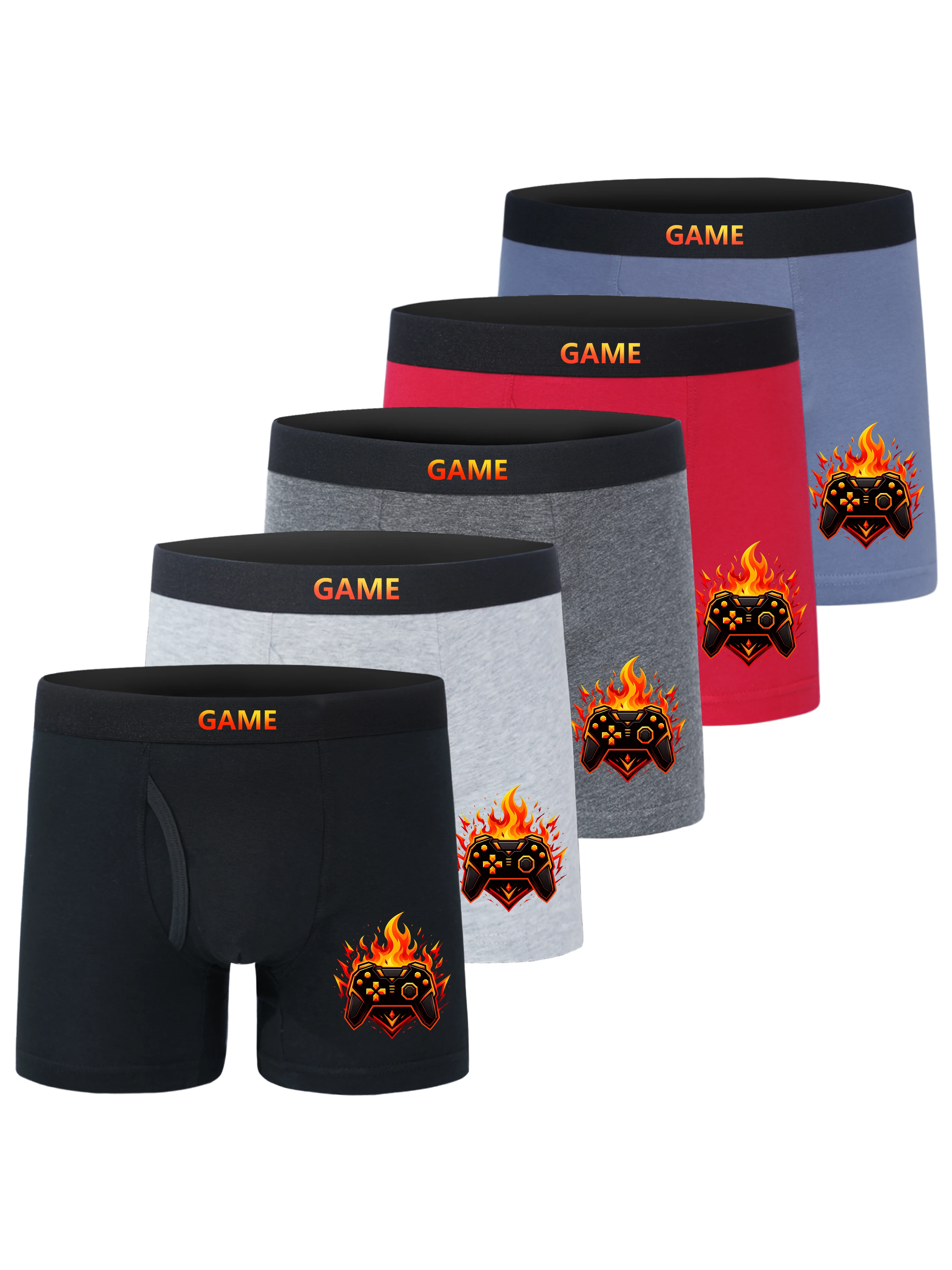 5 Pack 95% Cotton 5% Elastane Boys Open Fly Boxer Briefs Game Controller Fire Print Kids Soft Underwear For Boys