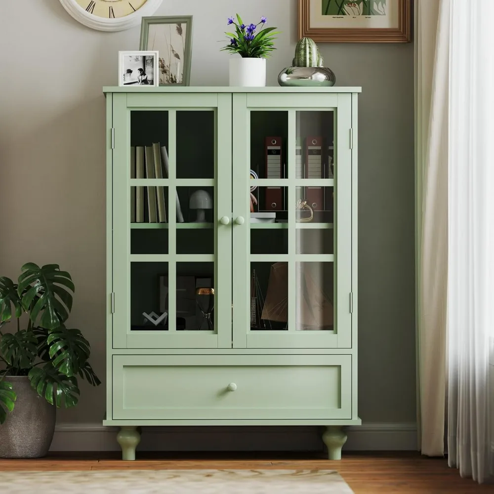 

Modern Storage Cabinet with Double Glass Doors, Adjustable Shelf and Drawer, Buffet Sideboard for Kitchen Dining Room Hallway E