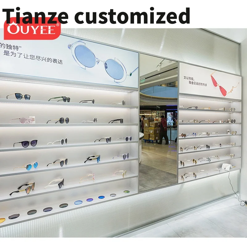 

Customized-Wooden Sunglass Rack Eyewear Store Interior Design Led Lighting Used Optical Display Cabinets