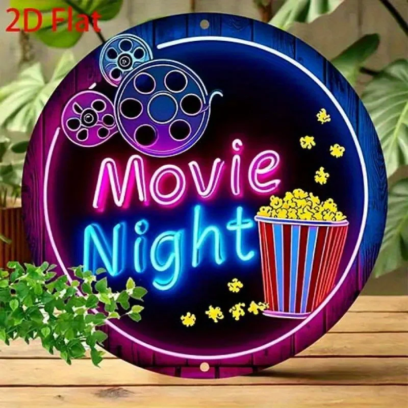 2D Flat - One Piece of Vintage Metal Signage for Movie Nights, Featuring a Neon Design with a Film Reel, Movie Tickets, 20x20cm