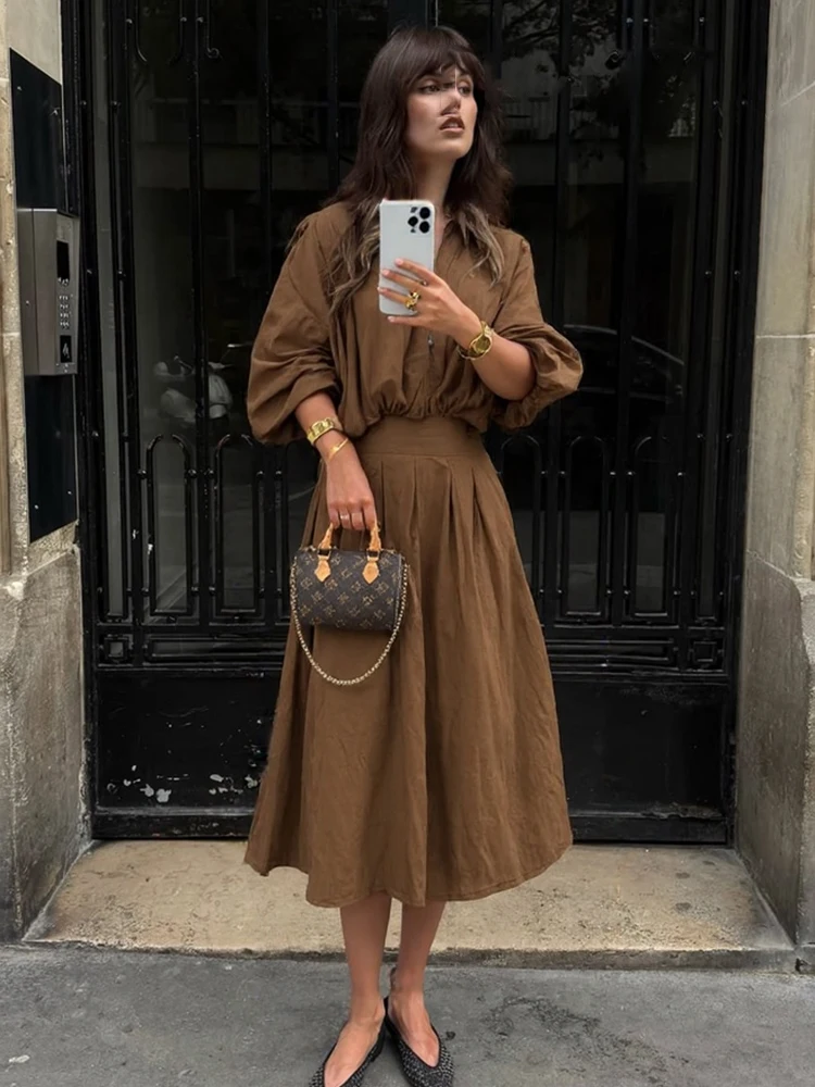 HH Women's Autumn Fashion Three-quarter Sleeves Lapel Zipper Top+Pleated Lantern Flower Bud Casual 2-Color Long Skirt Suit image 4