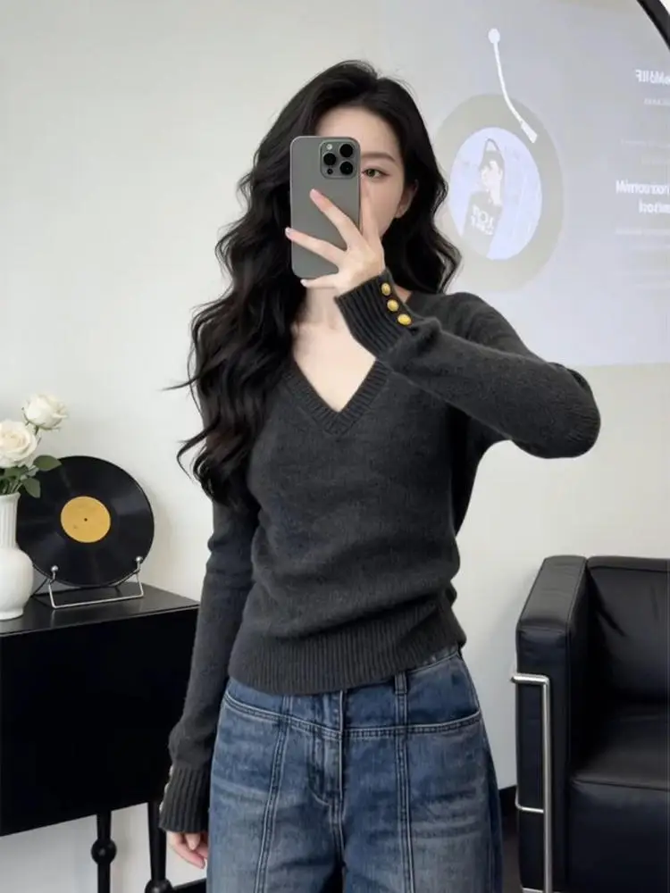 

ay V-Ne Вязаная основа irt Женский модный облегающий свитер ort Осень-зима Новый корейский сле Легкий роскошный...