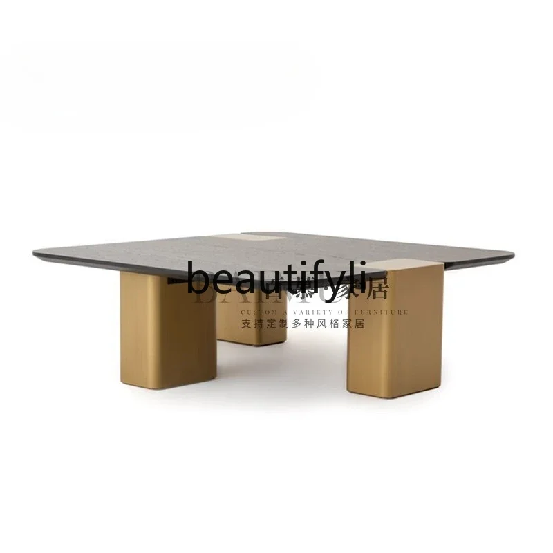 

New Italian minimalist solid wood coffee table side table retro art creative golden stainless steel feetAsmt52