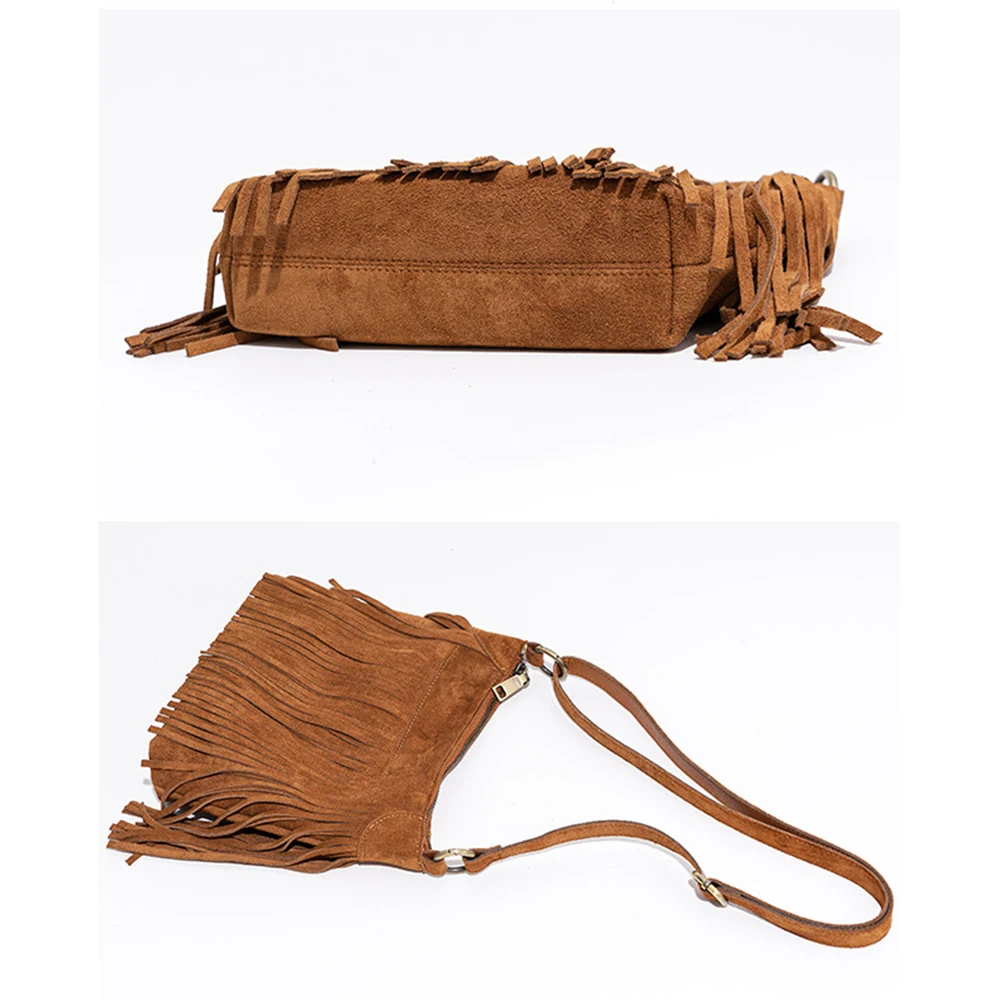 Tassel Bag Niche Frosted Cowhide Casual Crossbody Bag Retro Leather Trend Style Fringe Single Shoulder Bag