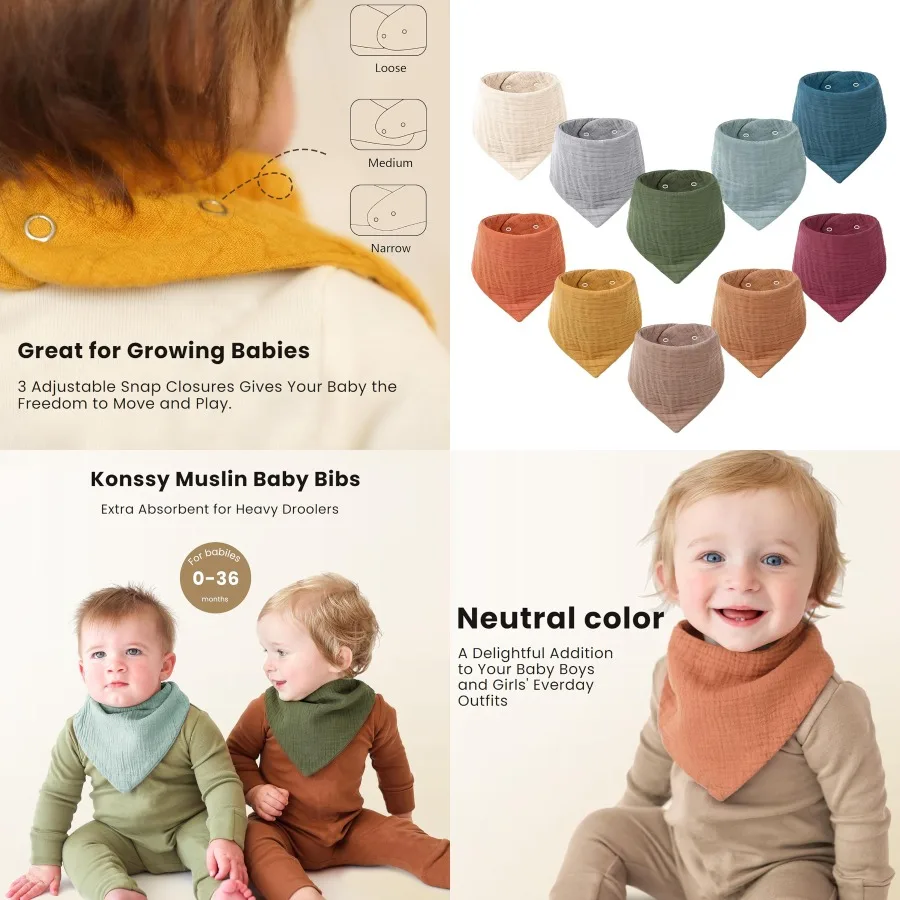 10 عبوات من مرايل أطفال Konssy Muslin للجنسين للأولاد والبنات: مرايل باندانا ناعمة ماصة مصنوعة من 100 قطن مثالية للأسنان