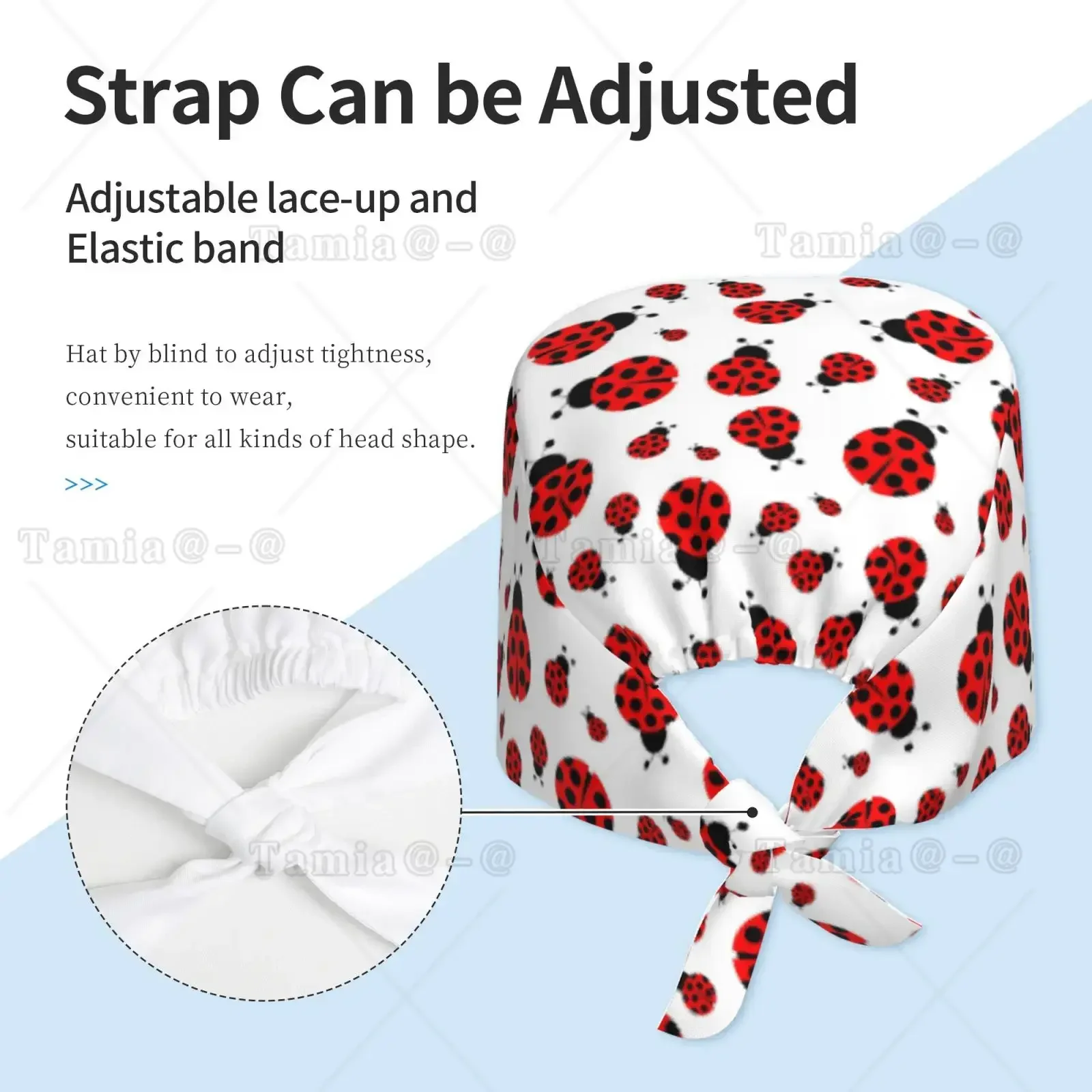 Cartoon Ladybug Print Work Hat with Sweatband Adjustable for Both Men and Women Women's Lace Up Back Hat Nurse's Hat