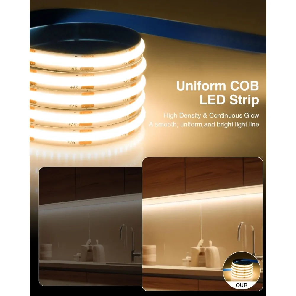 Aclorol 5V COB LED Strip Light 6.56FT 640LEDs Warm White LED TV Backlight with 1M USB Cable Flexible Under Cabinet Tape Light fo