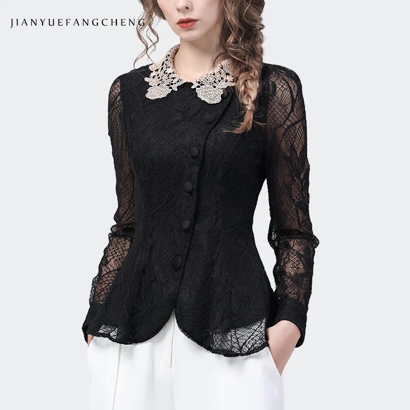 2024 New Black Hollow Out Lace Shirt Tops Women\' Long Sleeve Slim White Lapel Collar Bottoming Shirt Vintage Casual Blouses