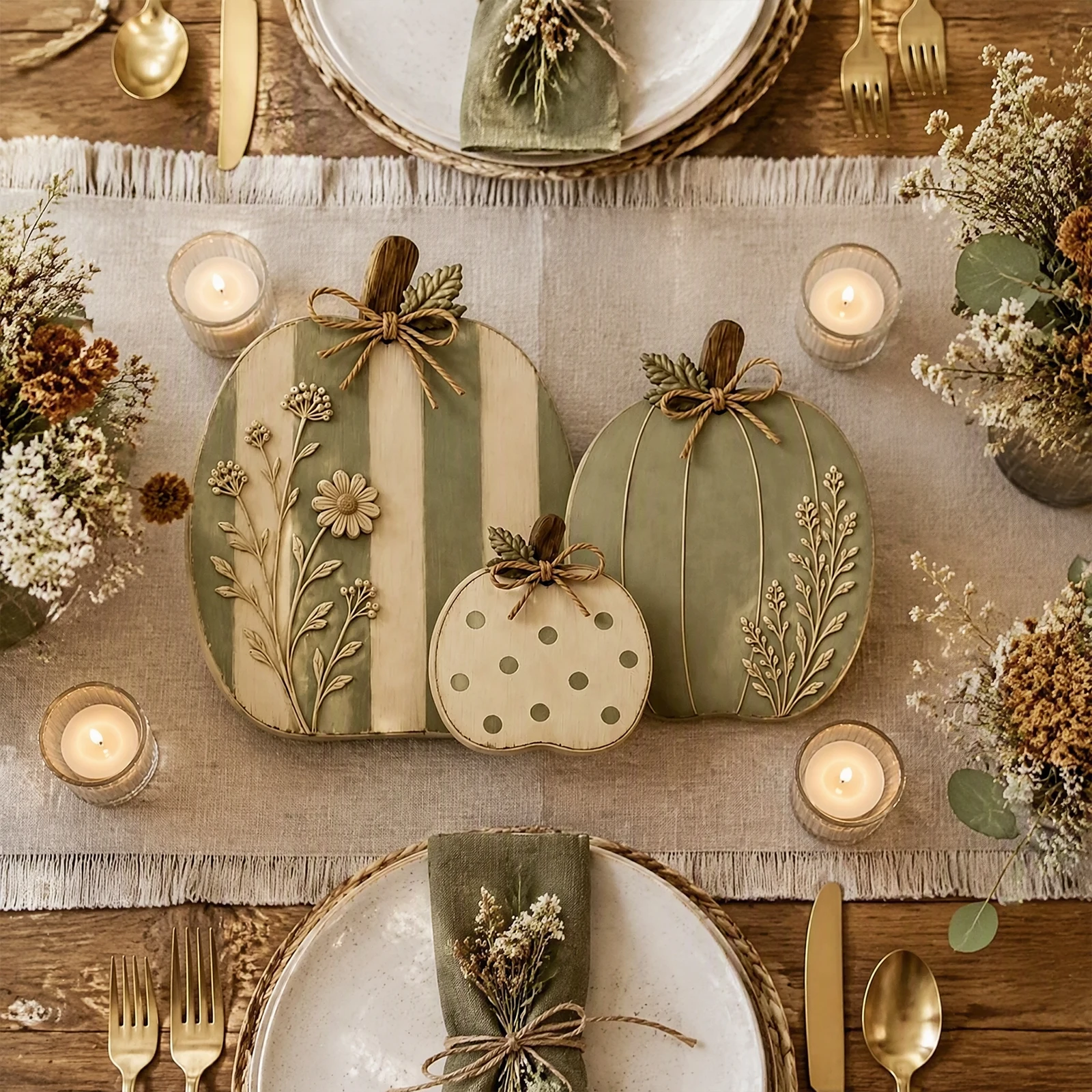 Farmhouse Fall Decor Wooden Pumpkin Trio Sage Green Cream Sculpted Harvest Thanksgiving Tabletop Centerpiece