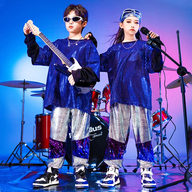 Girls Boys Kpop Hip Hop Clothing Sapphire Sequined Sweatshirt Top Silver Casual Jogger Pants for Kid Jazz Dance Costumes Clothes