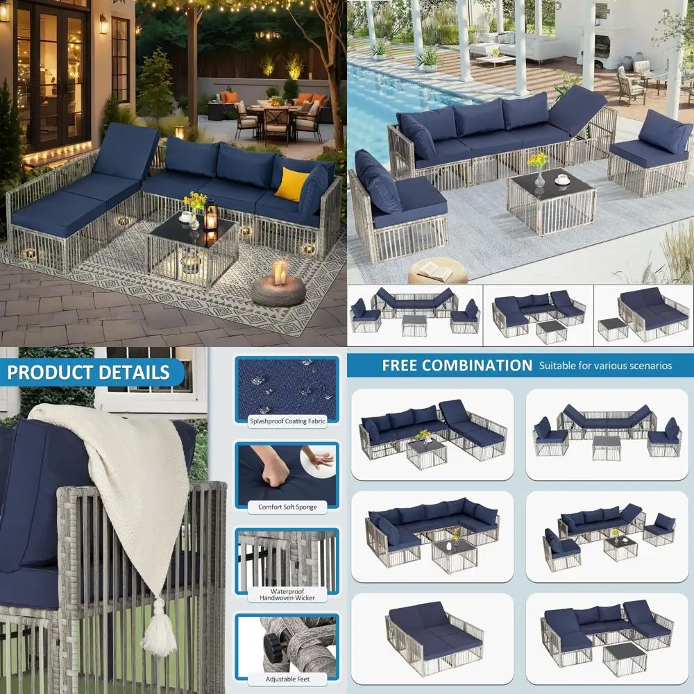 7-teiliges Outdoor-Patio-Sofa-Set aus Korbgeflecht mit verstellbarer Rückenlehne, dicken Kissen und Couchtisch – ideal für Garten, Veranda