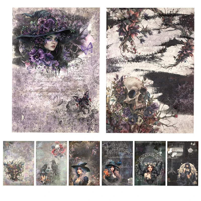 Rice Paper Original Design Black Is Coming Retro Scrapbooking Decoration Hallowee DIY Vintage Junk Journal S24032101 8pcs Crafts