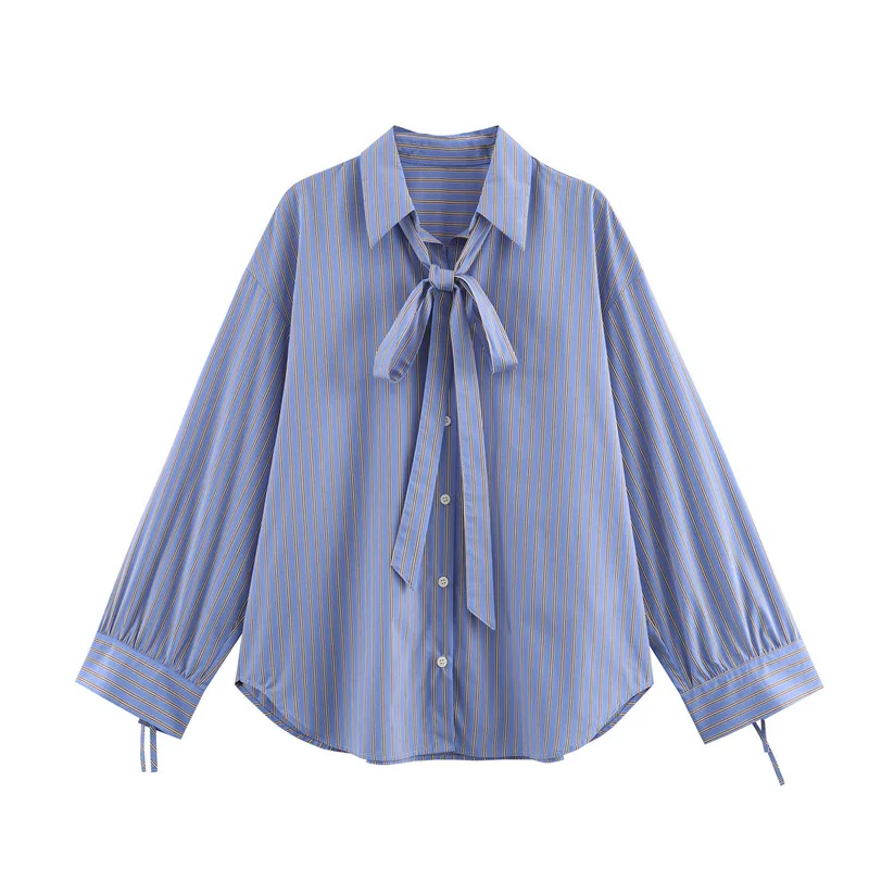 

Women's Sweet and Elegant Bowknot Striped Loose Casual Shirt