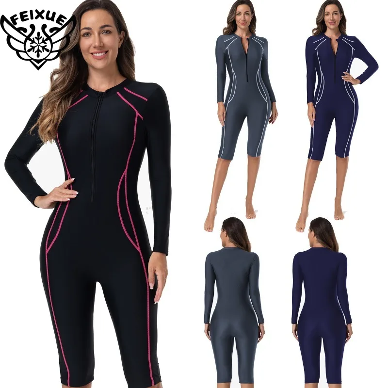 

Women Five-point Pants Diving Suit Rash Guard Shirt with Boy Shorts Short Sleeve Zipper Swimsuit Sun UV Protect Bathing Suit