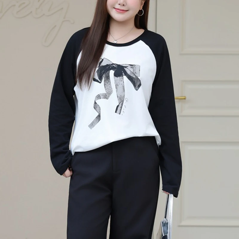 

Plus Size Women's T-Shirt Premium hand-painted Style Retro Long Sleeved Tops Loose New Bow Print Tees Autumn 9276