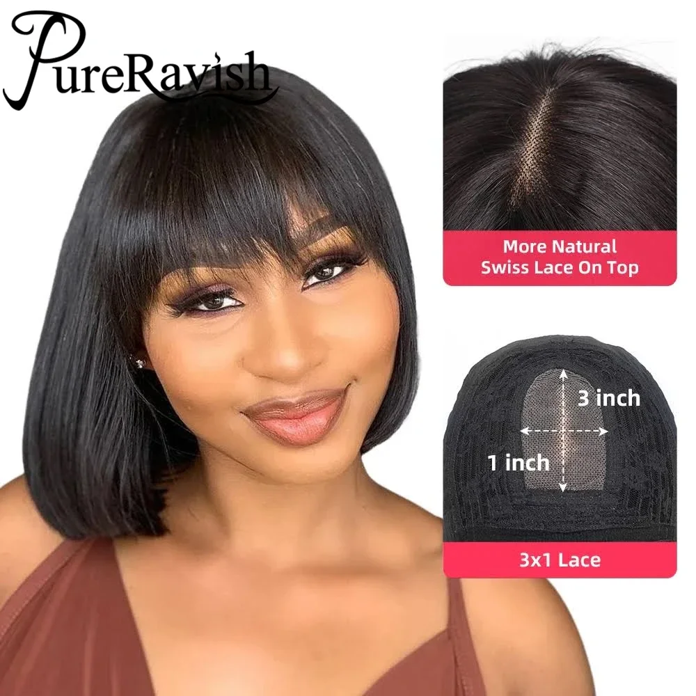 Wig Bob rambut manusia lurus dengan poni tampilan realistis Wig tanpa lem kulit kepala renda palsu Wig rambut Virgin manusia Brasil untuk wanita