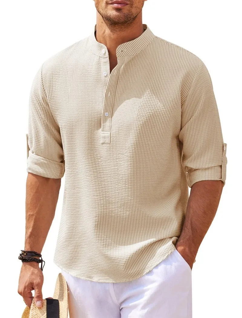 

Cotton Linen Hot Sale Men's Fashion Long-Sleeved Shirts Spring Autumn Solid Color Stand-Up Collar Casual Beach Style