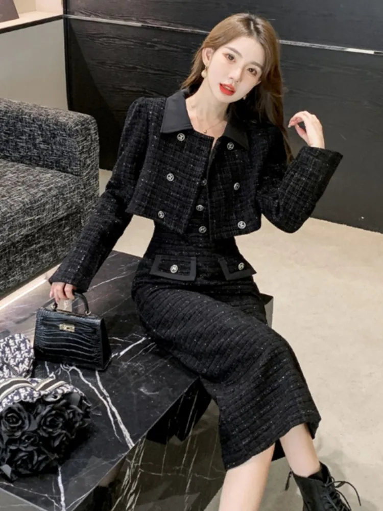 Elegante abito in tweed a 2 pezzi Set per donna Cappotto corto A-Line Midi Abiti a canotta Slim Moda coreana Abito femminile Autunno Inverno