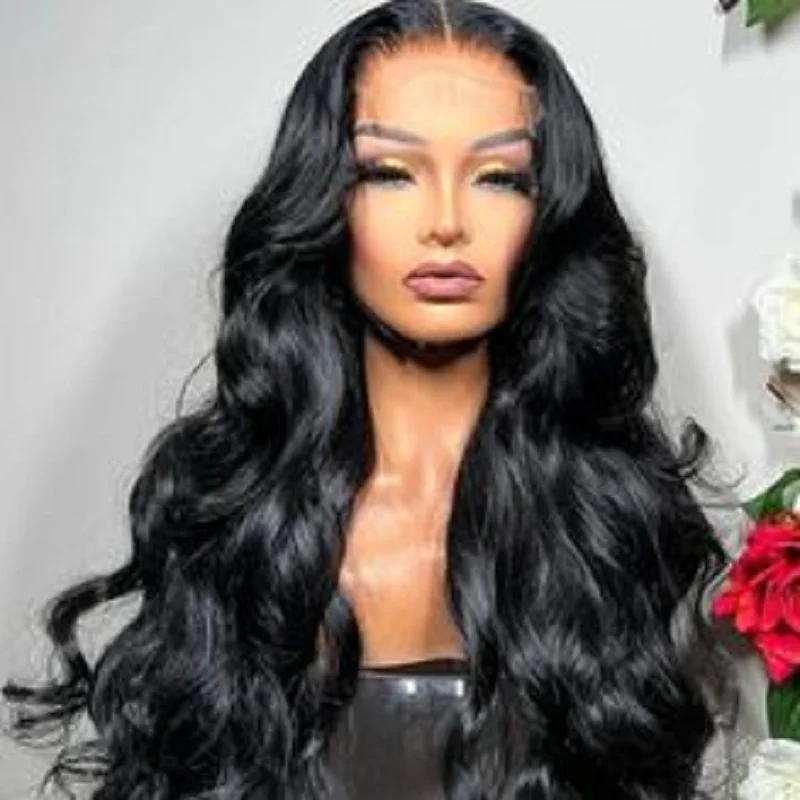 

Soft Natural Body Wave Long 180 Density Glueless Black Lace Front Wig For Women BabyHair 26inches Long Heat Resistant Preplucked