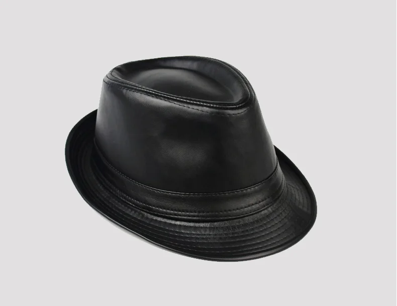 Mann hochwertiges echtes Leder Jazz Fedora Gentleman Kuhhaut kurze Krempe schwarz/braun Schaffell angepasste Zylinder männlich zeigt – Detail 9