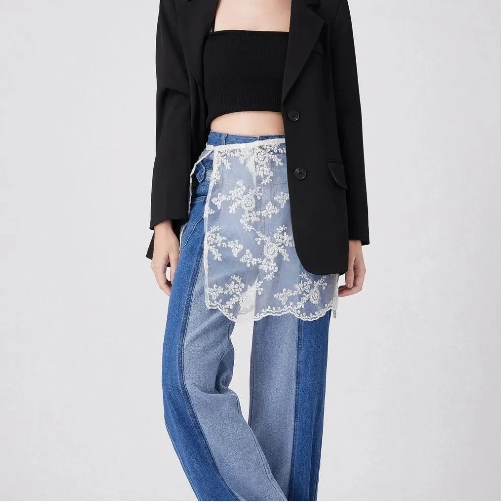 

Fashion Lace Gauze Fake Skirs Floral Embroidery Y2k Half Body Gauze Skirt Matching Pants Dress Streetwear Wrap Skirt Women