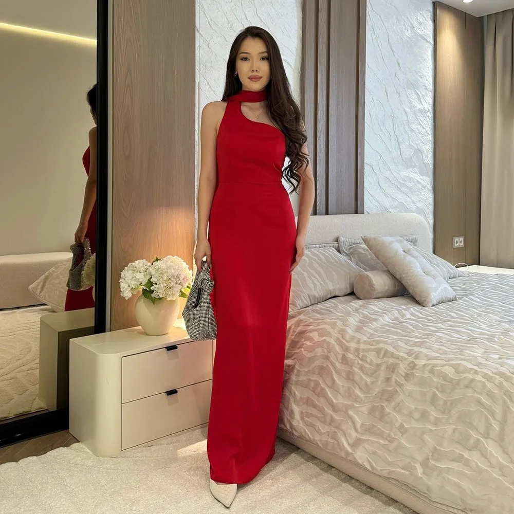 

Msikoods Red Women's Prom Dress Bodycon Elastic Satin Halter Neck Party Dress Graduation Floor Length Customized Evening Gown